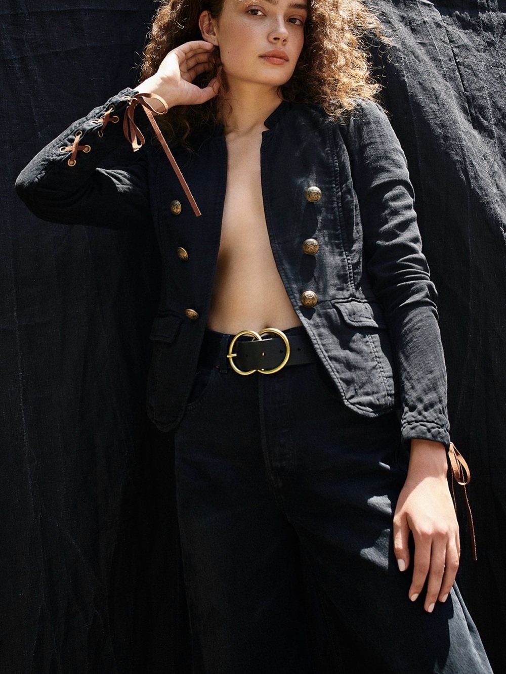 Free People Jagger Blazer Black Military-Inspired Lace-Up Sleeve Jacket